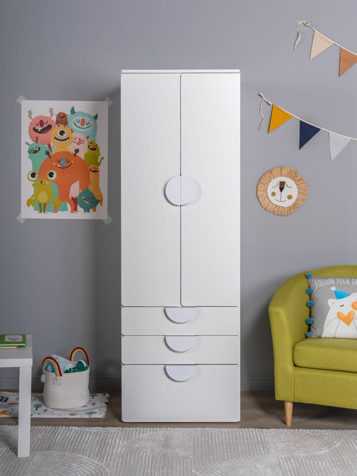 Шкаф распашной Пикси, с двумя дверьми, тремя ящиками и полкой 60x57x180, белый (робкий подснежник)