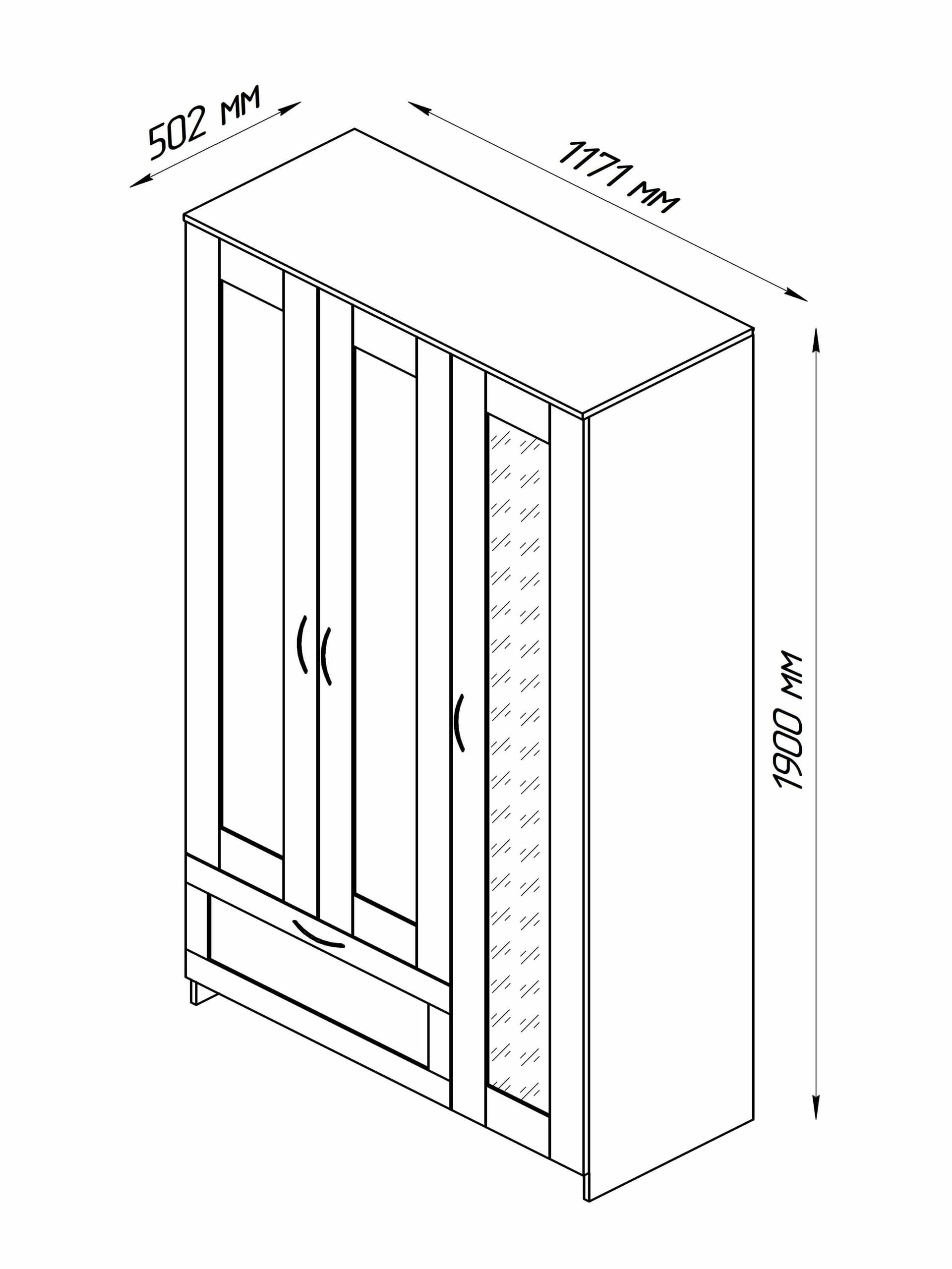 Шкаф Сириус, 3 двери и 1 ящик, 117х50х190 см, с зеркалом, дуб сонома 15