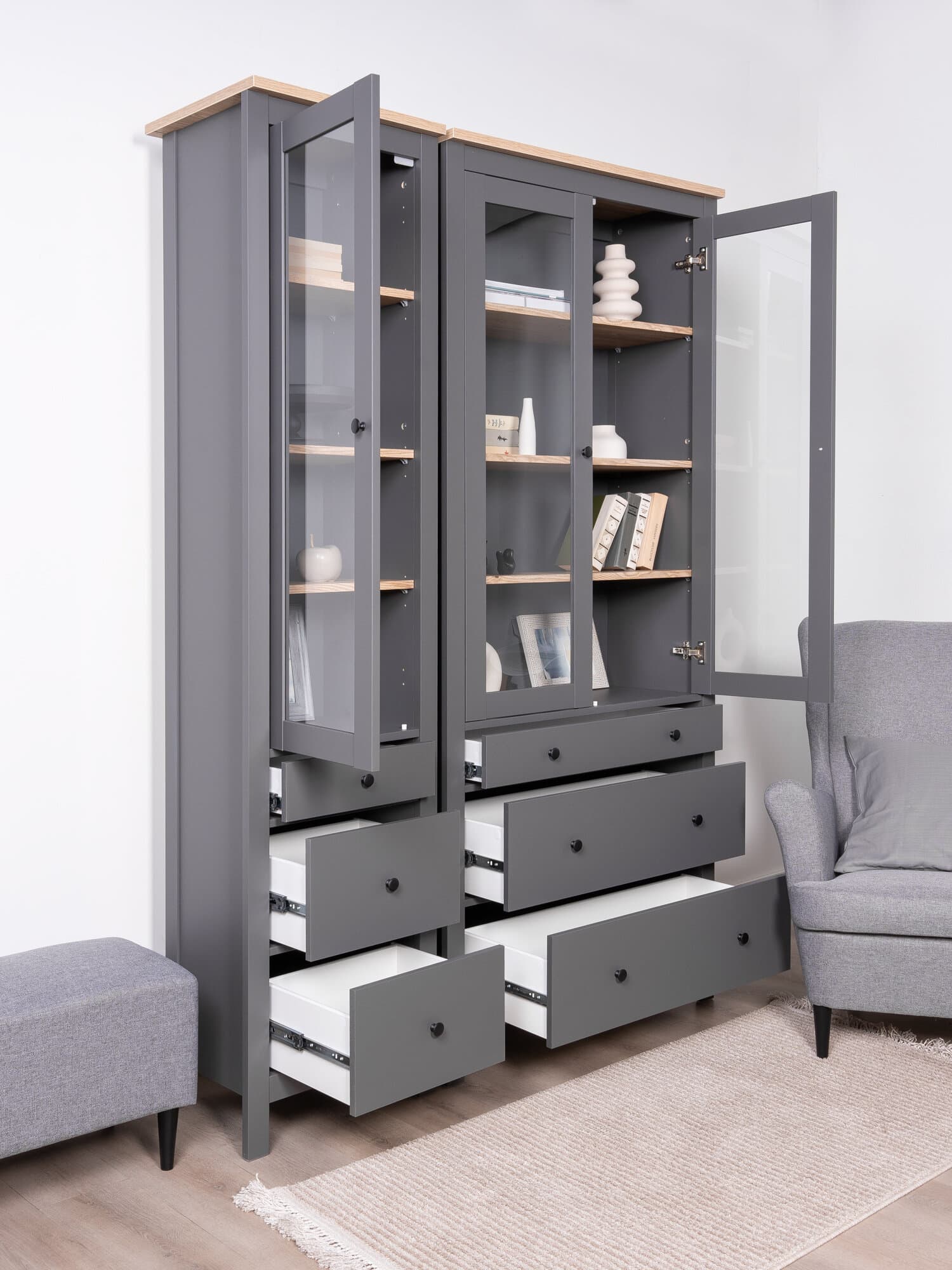 Шкаф с витриной Сага, 90х41х215 см, серый/ясень 5