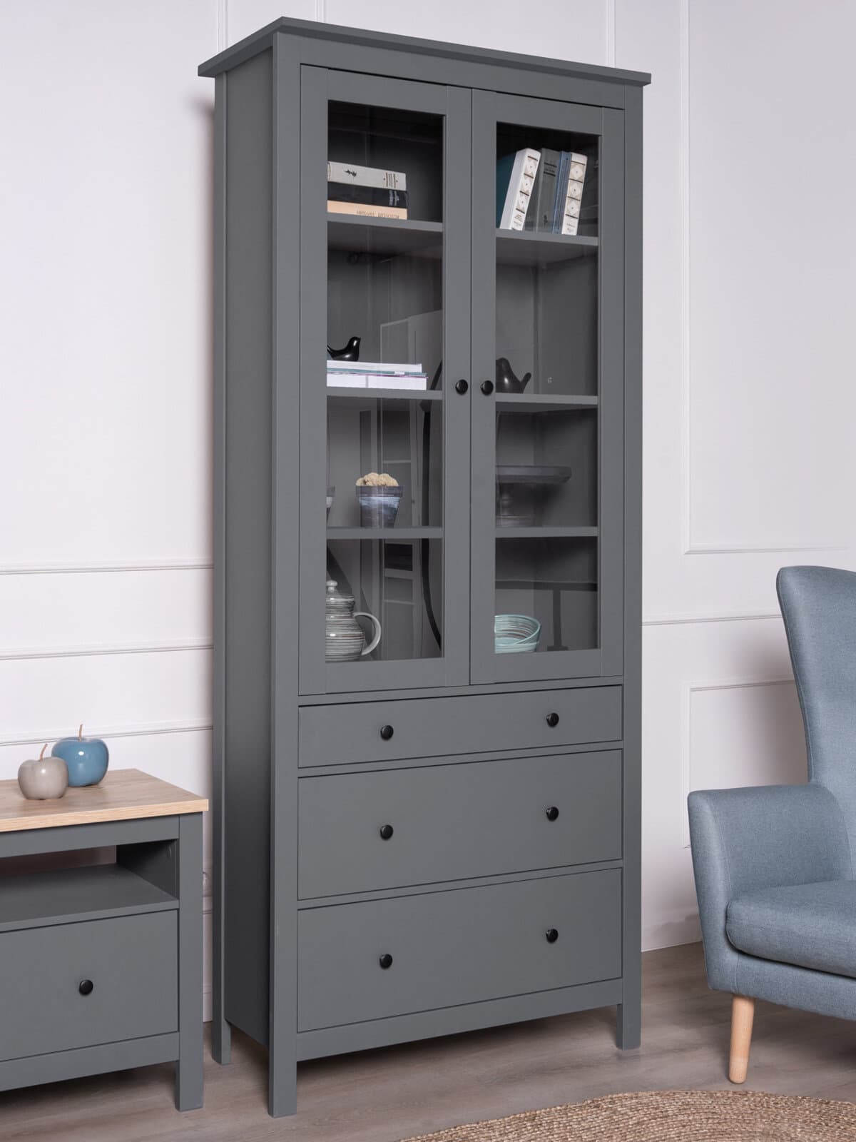 Шкаф с витриной Сага, 90х41х215 см, серый